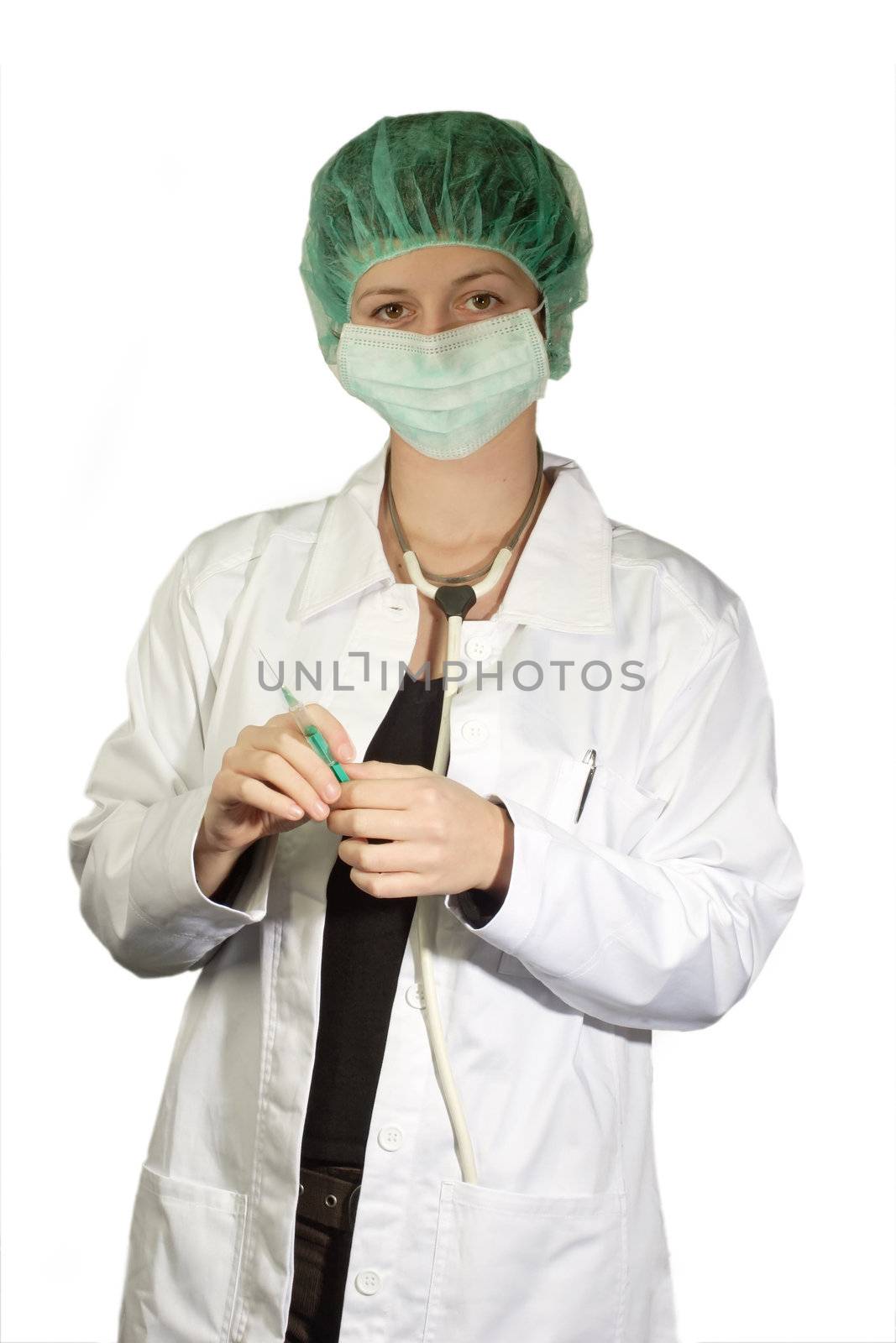 Young attractive female doctor in uniform with stethoscope