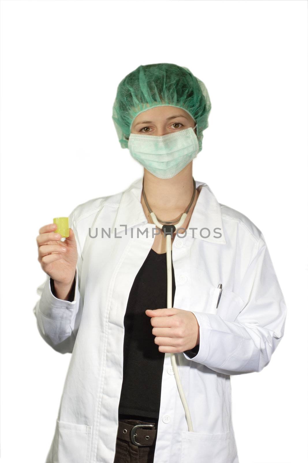 Young attractive female doctor in uniform with stethoscope
