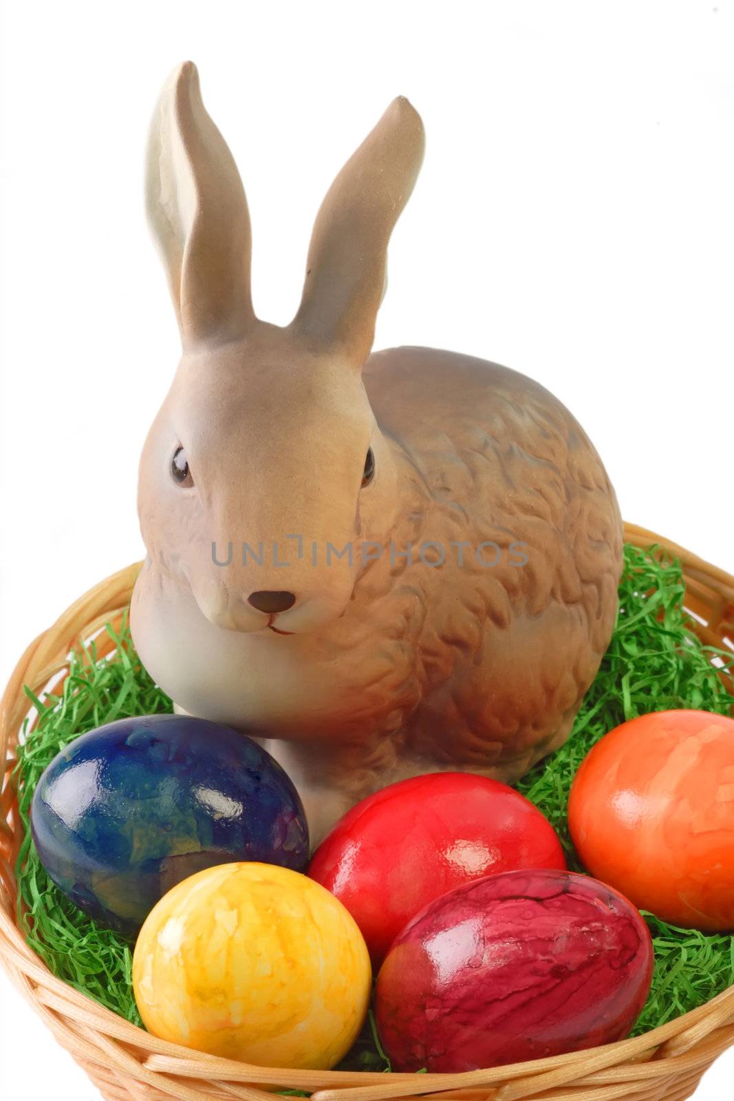 Close up of a colorful easter basket with bunny