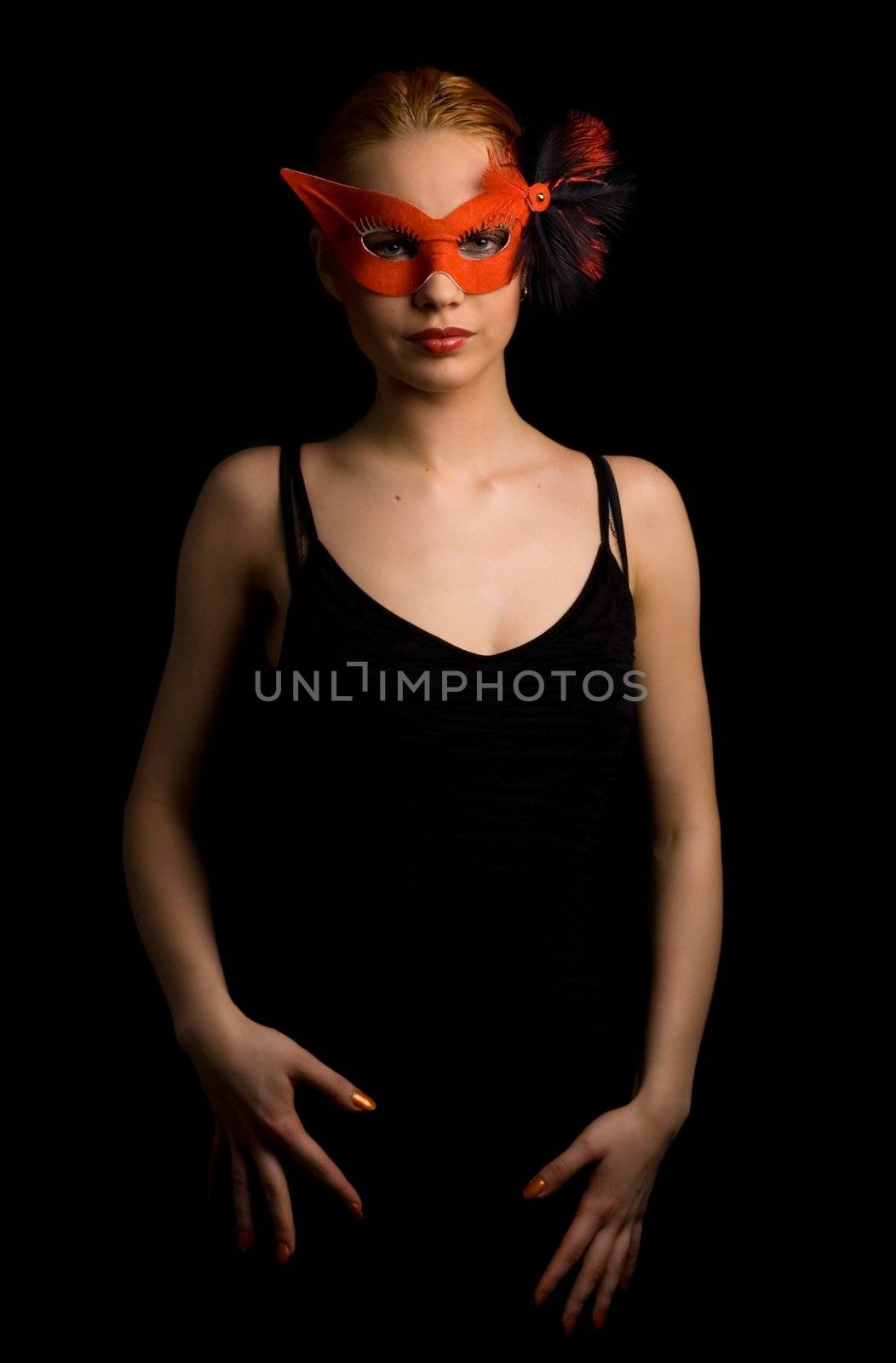 lady in red carnival mask