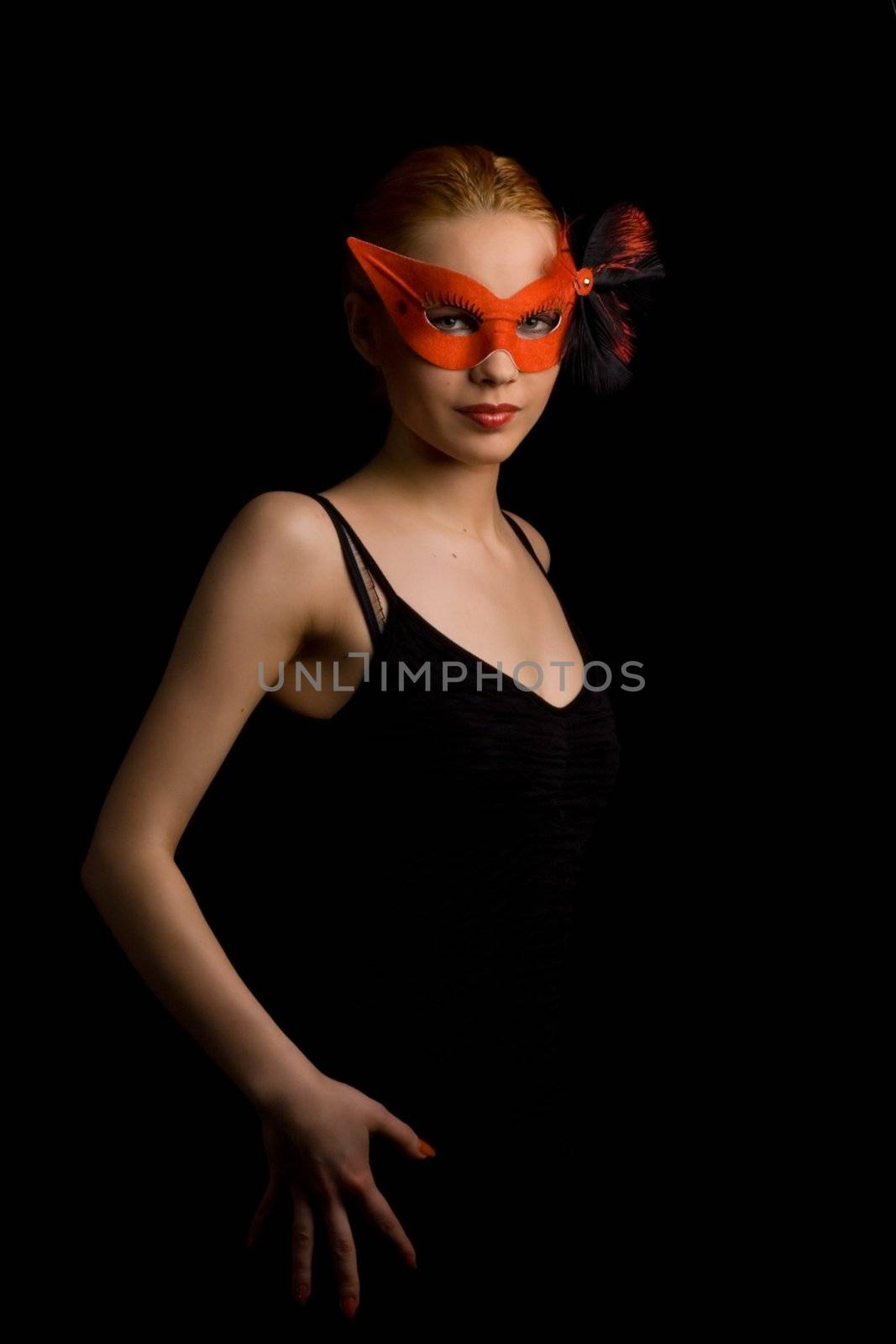 lady in red carnival mask inviting to dance