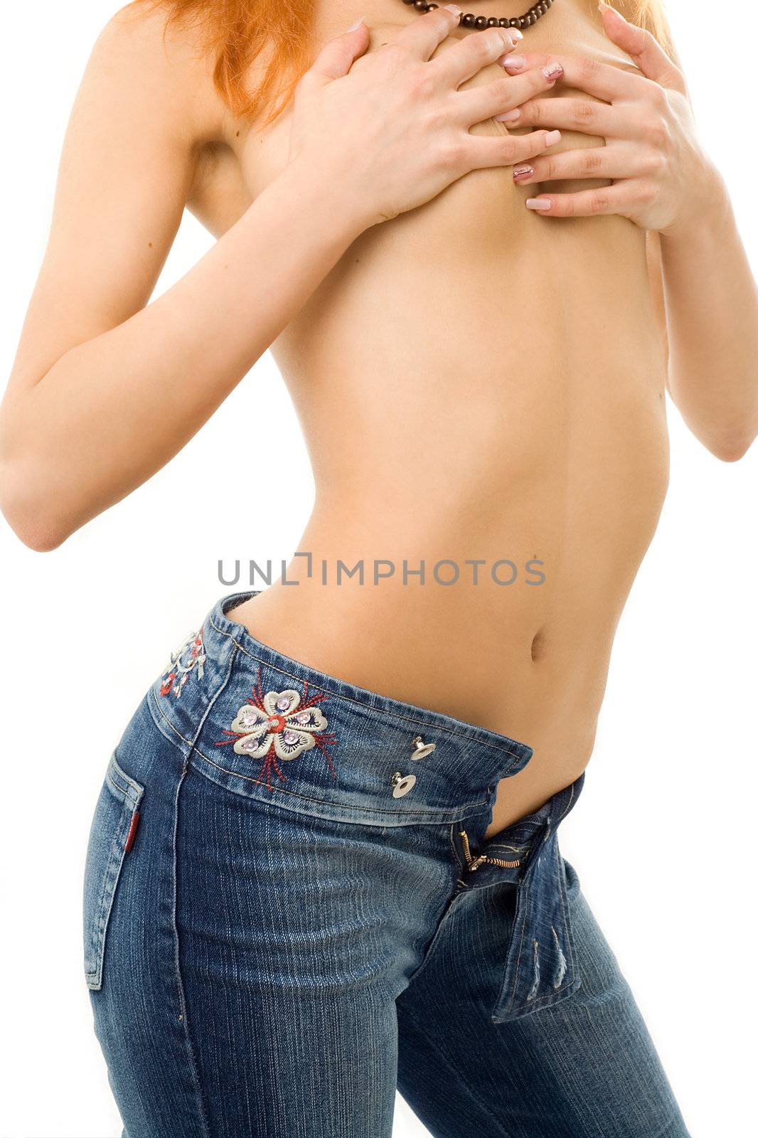 topless girl in blue jeans