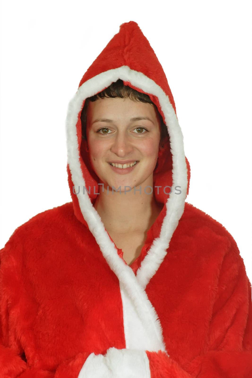 Friendly smiling young santa girl - isolated on white background
