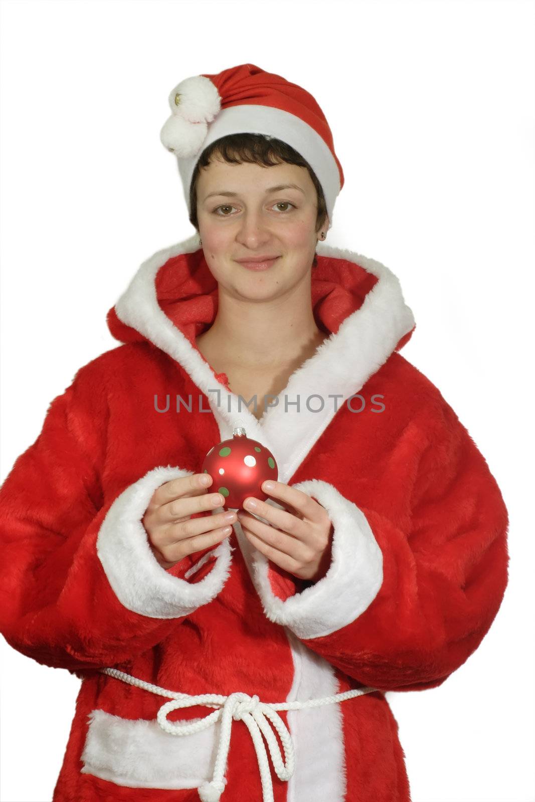 Young santa woman holding a christmas tree ball