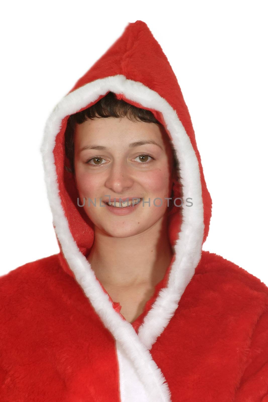 Smiling young santa girl - isolated on white background