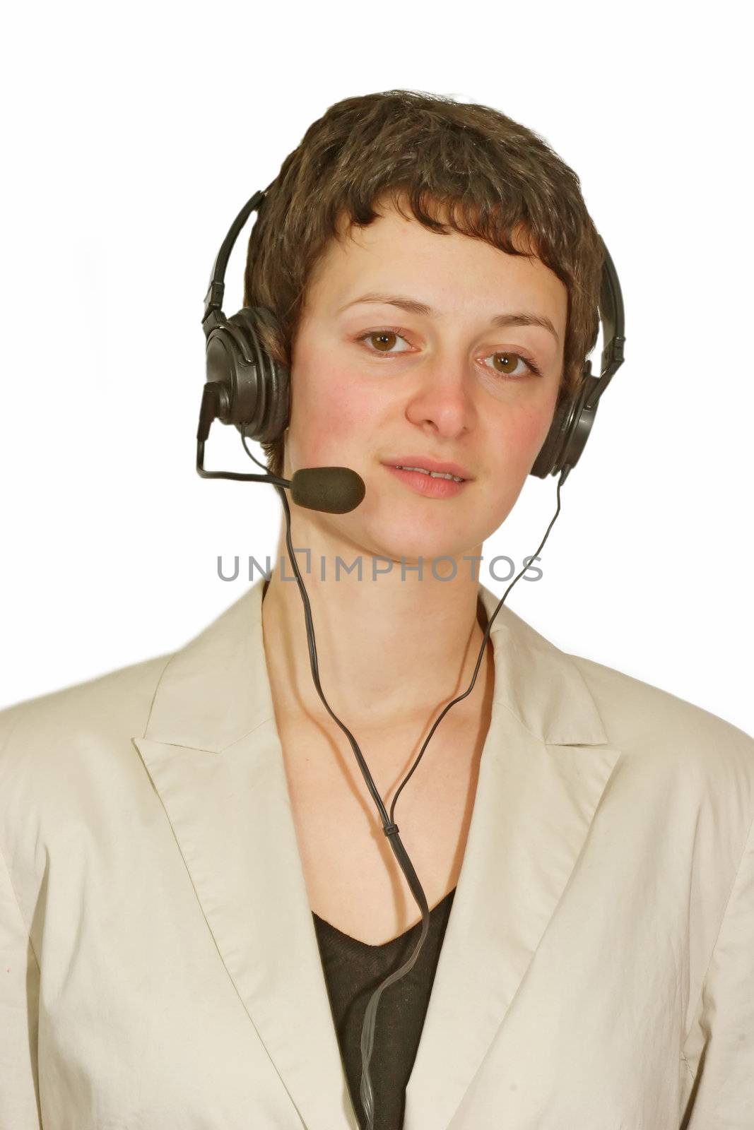 Young woman with headset calling - isolated on white background