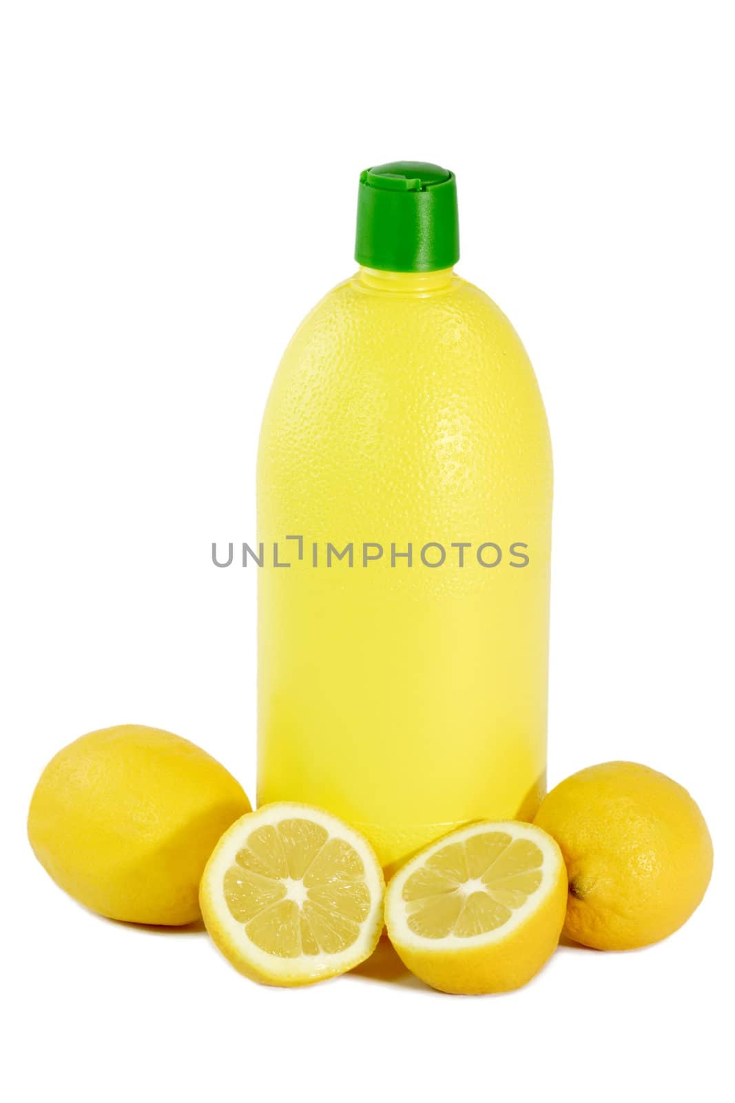 A Bottle Lemon concentrate and fresh lemon on bright background
