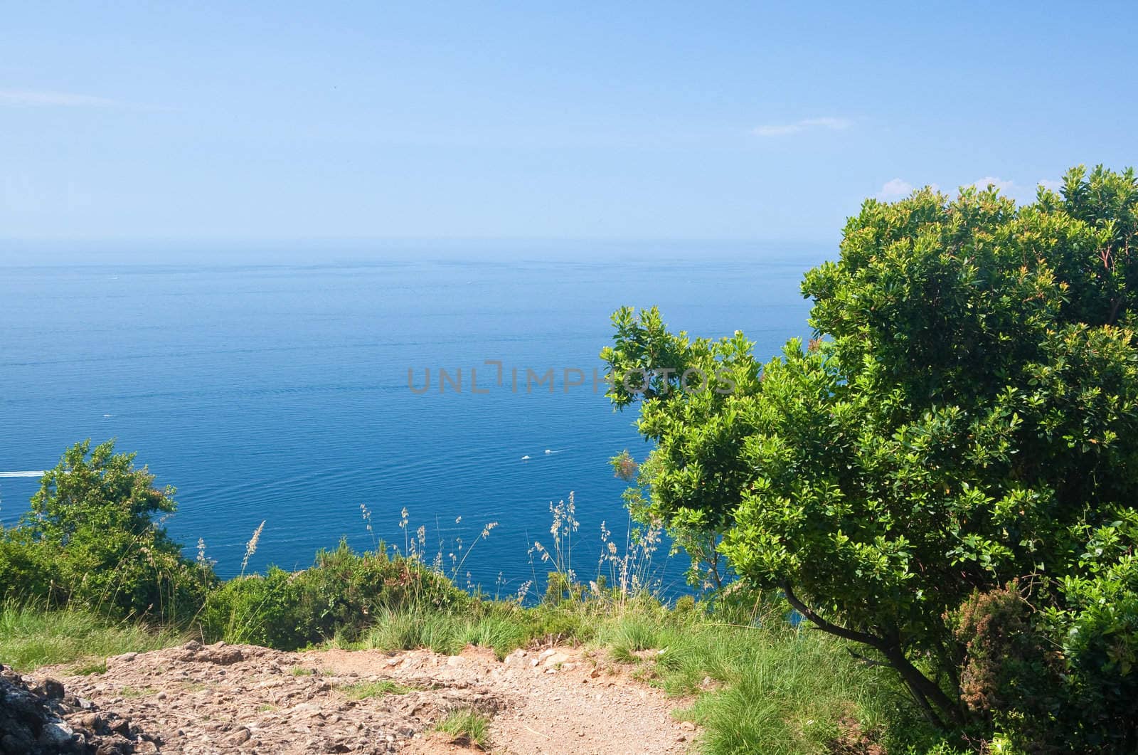 beautiful path over Mediterranean sea in Portofino natural park. Liguria, Italy