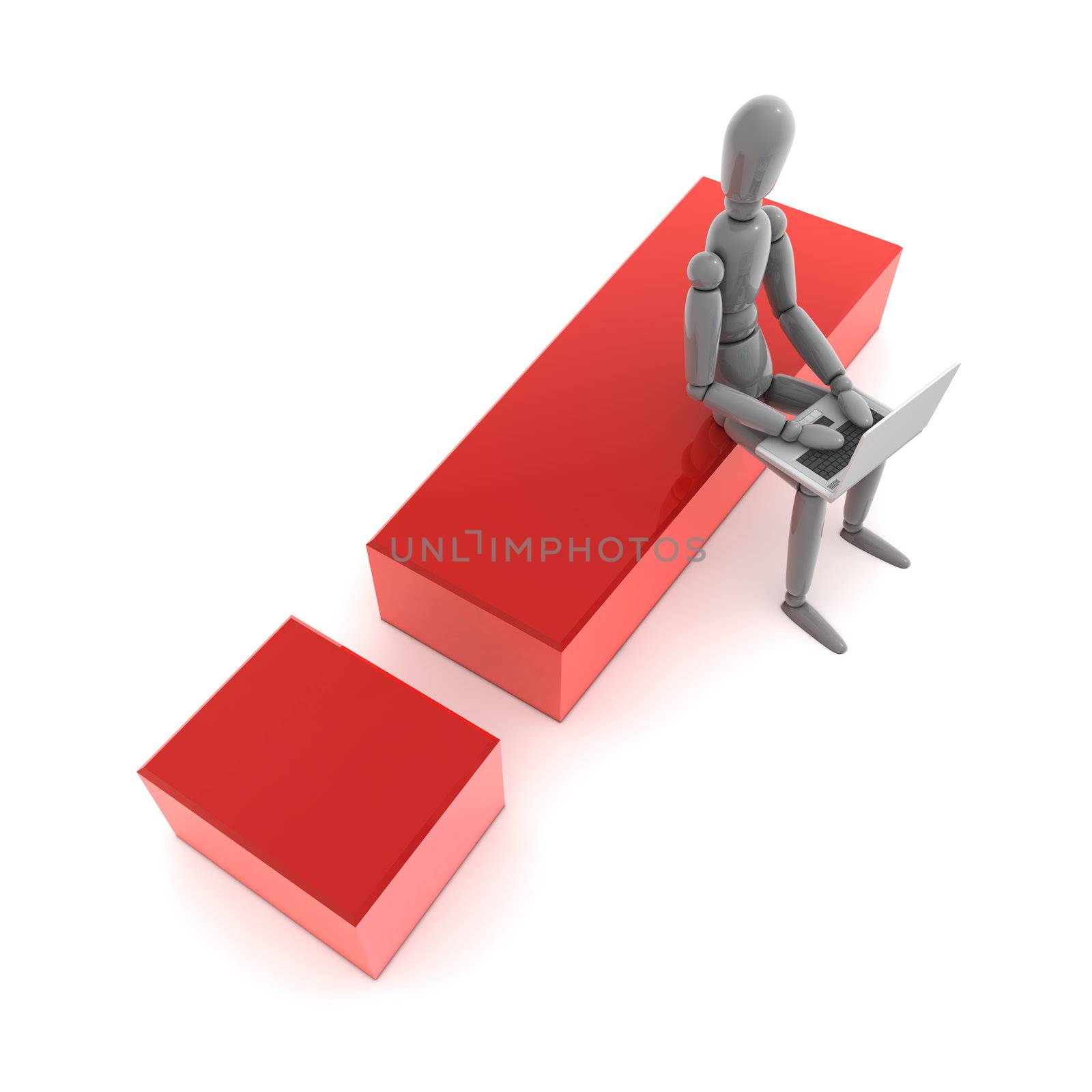 shiny grey lay figure with a laptop is sitting on a glossy red exclamation mark