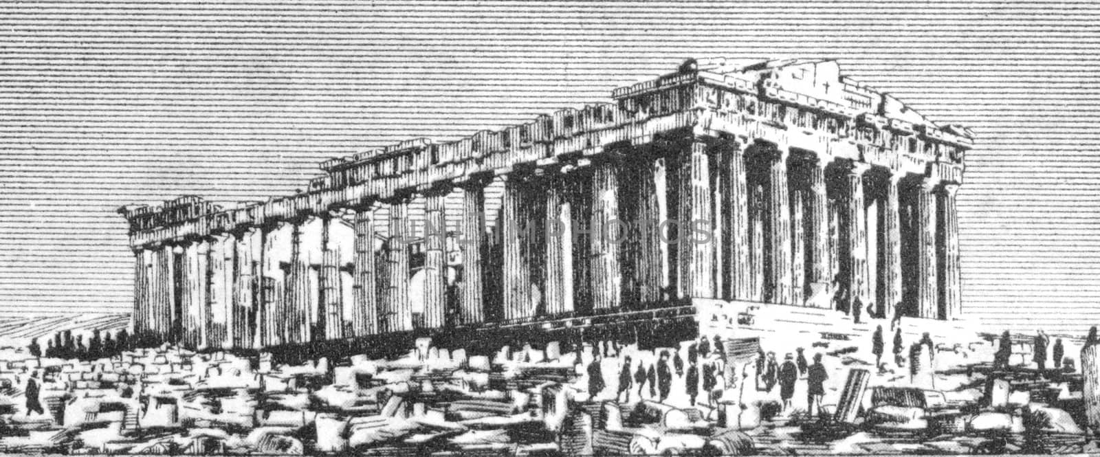 Parthenon on 20 Drachmai 1940 banknote from Greece.
Temple of the Greek goddess Athena, built in the 5th century BC on the Athenian Acropolis.