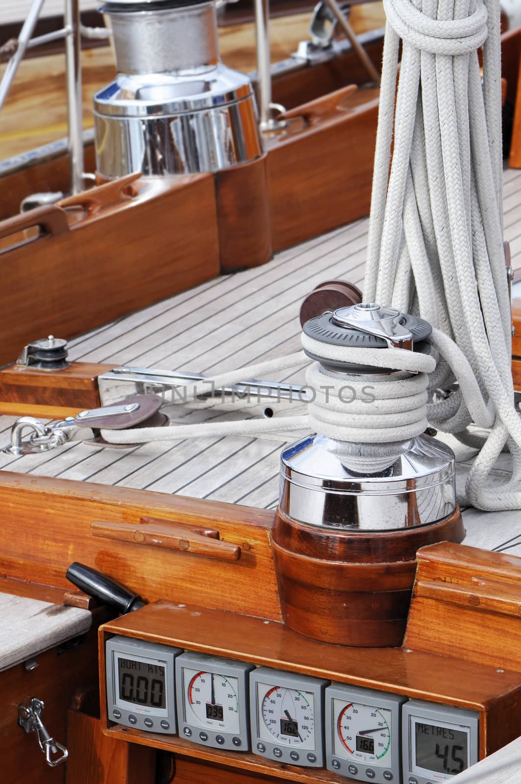 Detail of a wooden boat with tools and navigation instruments