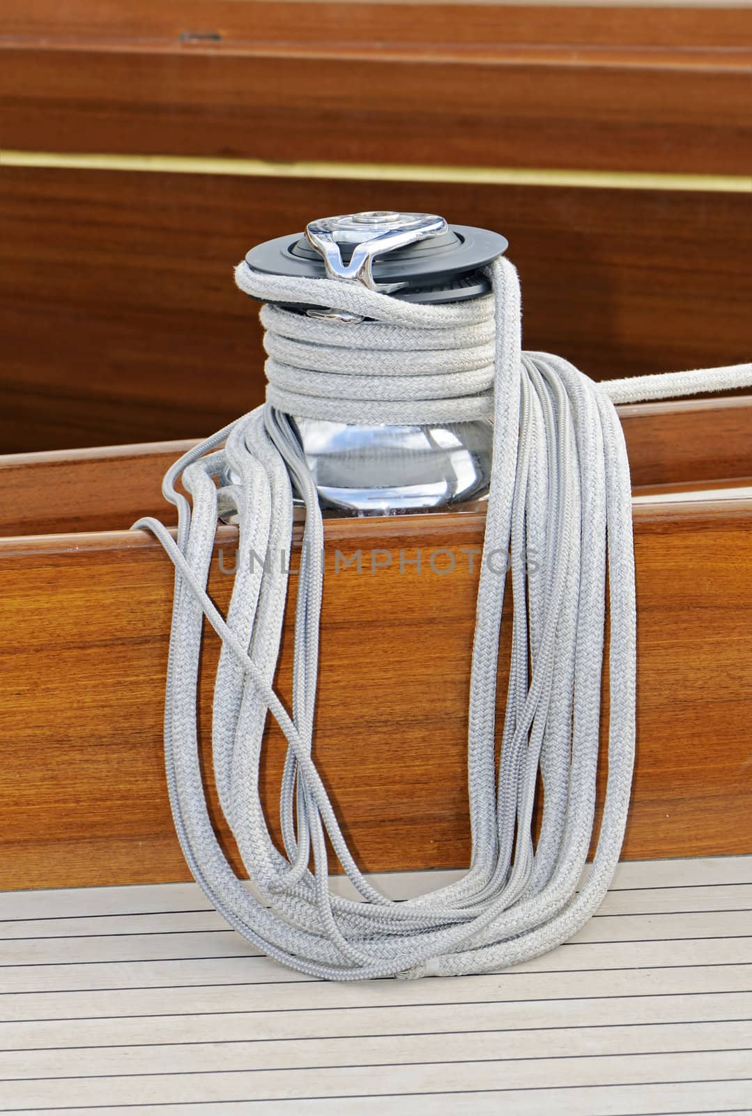 Detail of a winch on a wooden sailboat