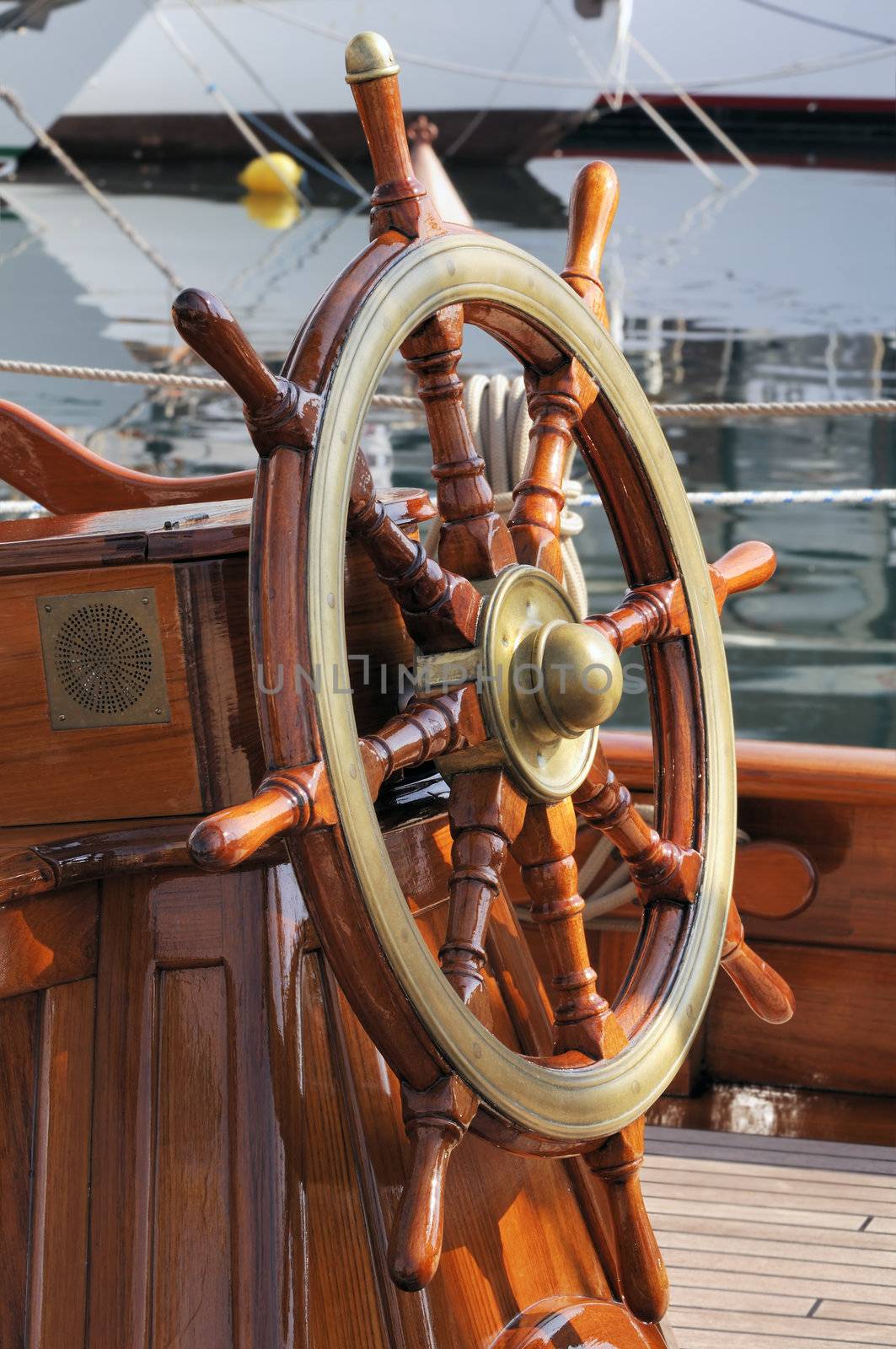 Steering wheel on a wooden boat