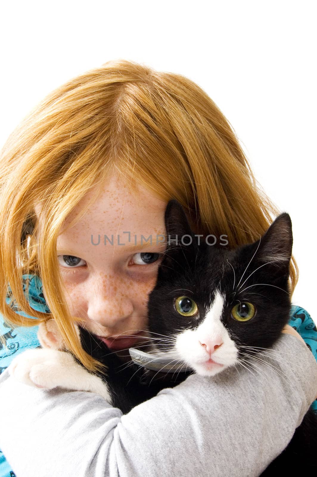 red head girl holding a black white kitten by ladyminnie