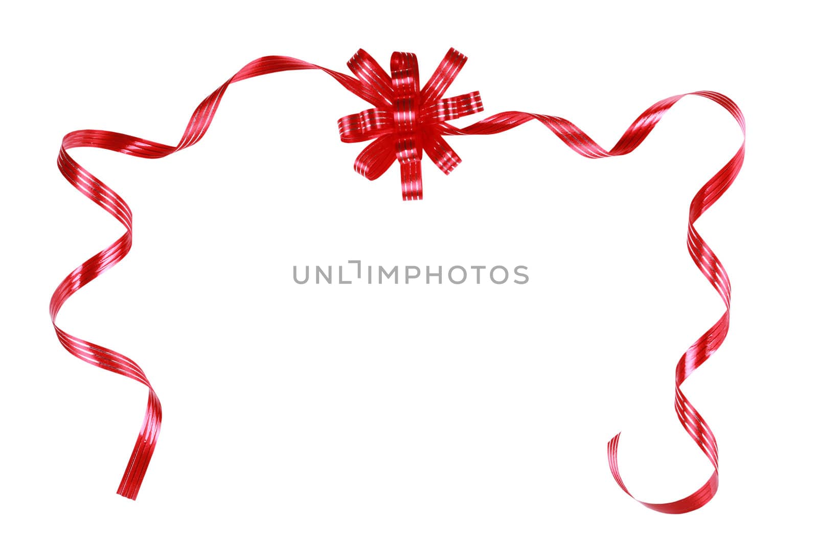 Red bow and ribbons along top border, isolated on white,  ready to overlay onto new background