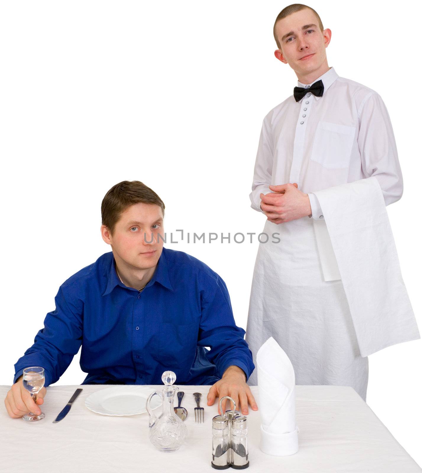 Waiter and guest of restaurant on a white background