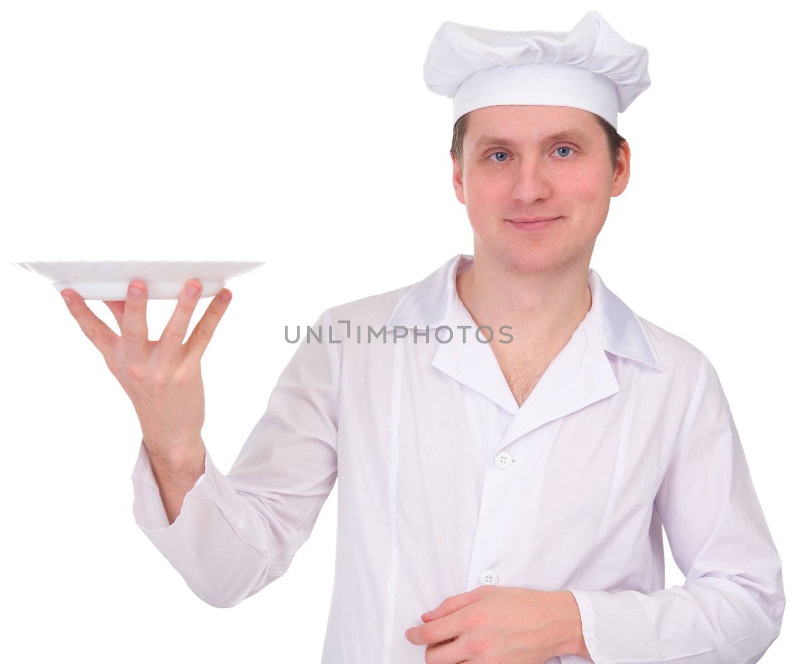 Cook in white overall with the plate a white background