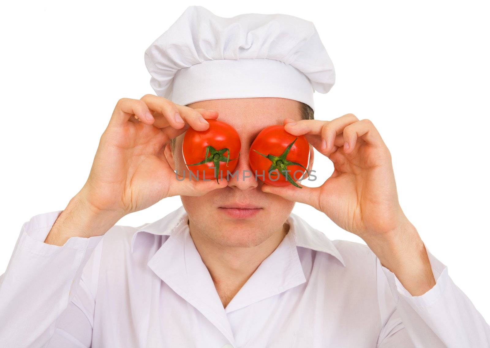 Cook with red tomato instead eyes on a white background