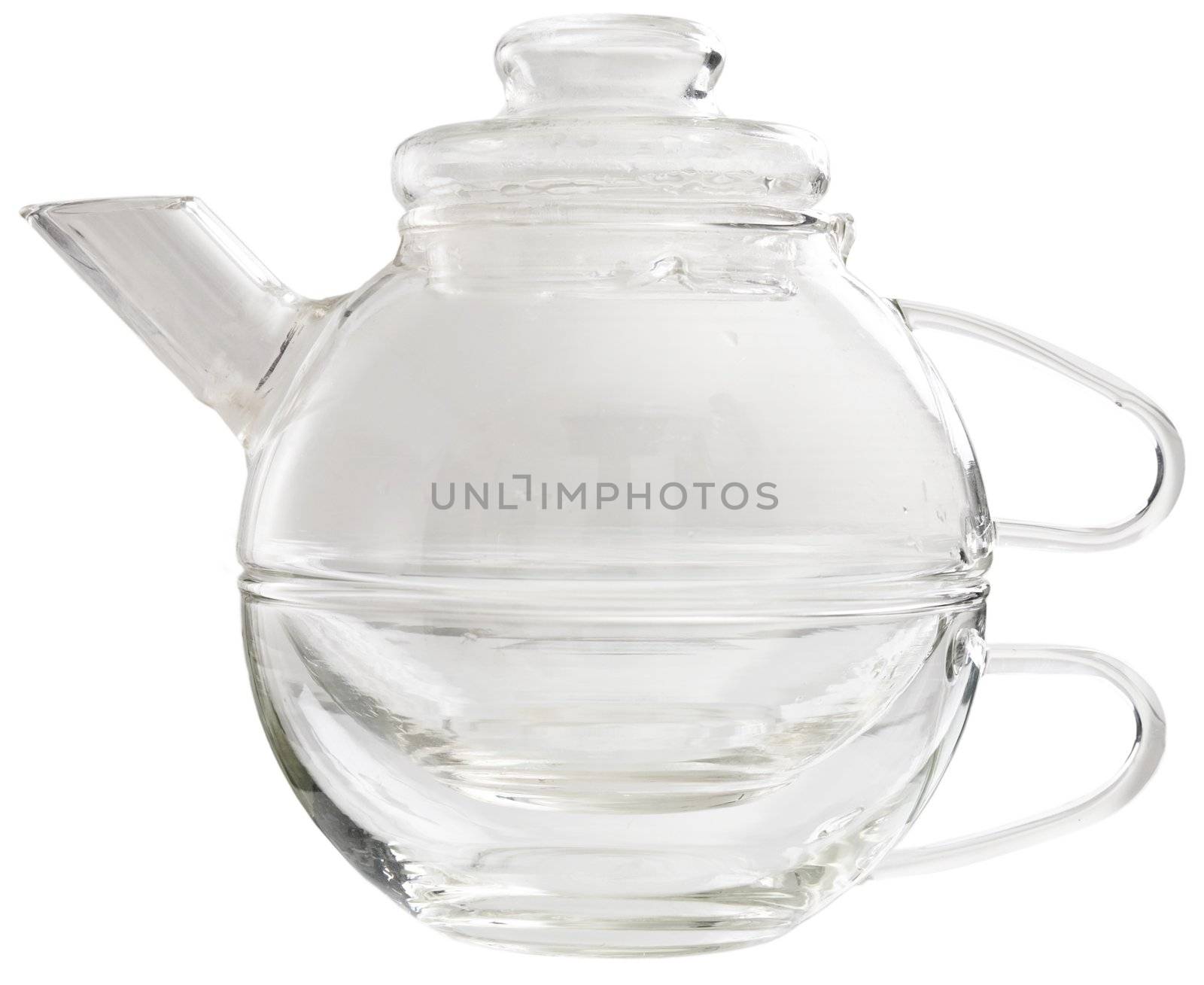 Glass teapot with cup on a white background