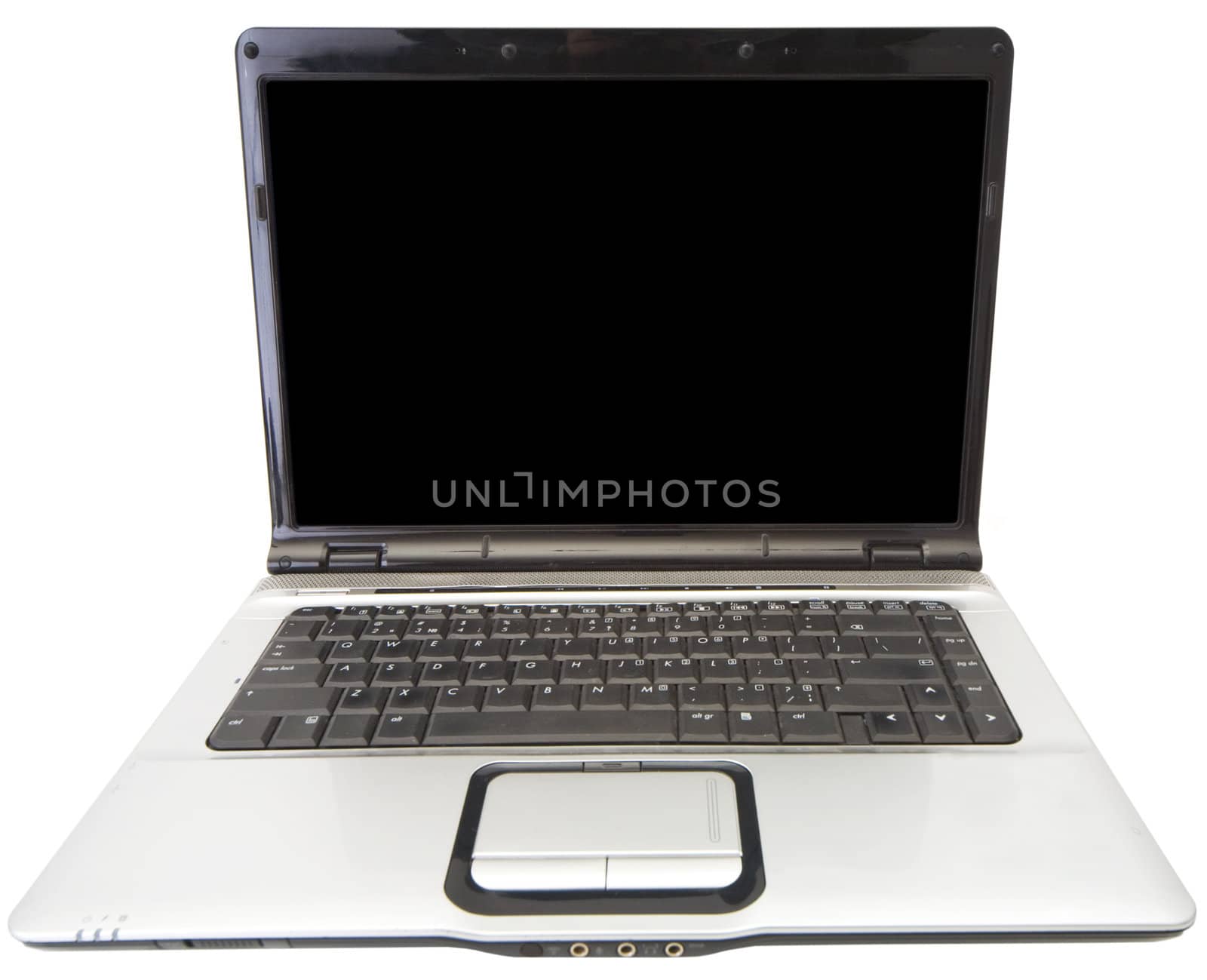 The old black laptop on a white background