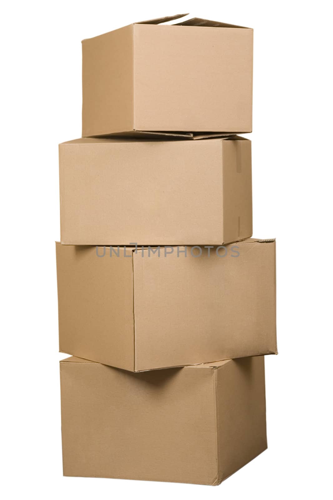 Brown cardboard boxes arranged in stack on white background