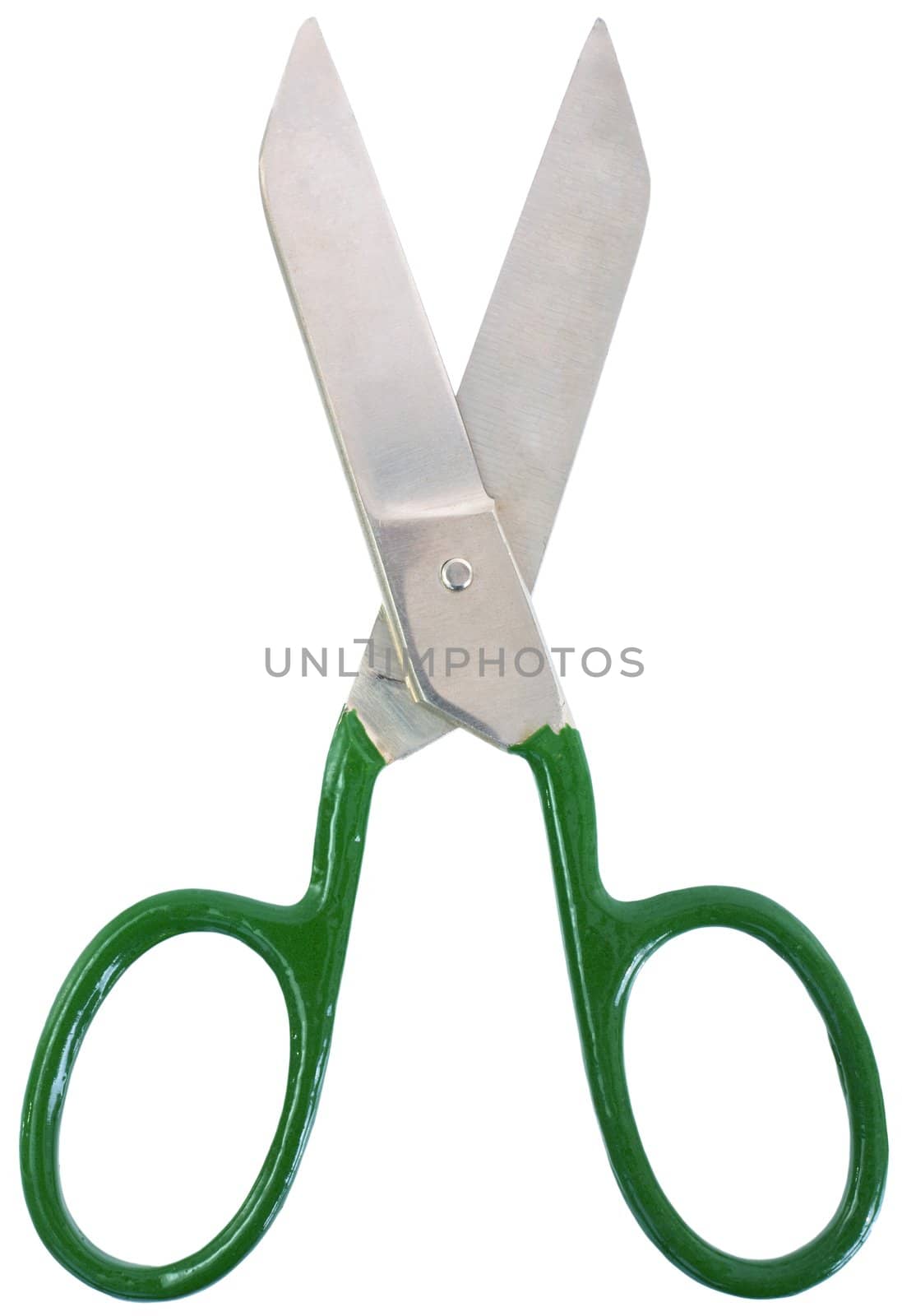 Big metallic scissors with green handle on the white background