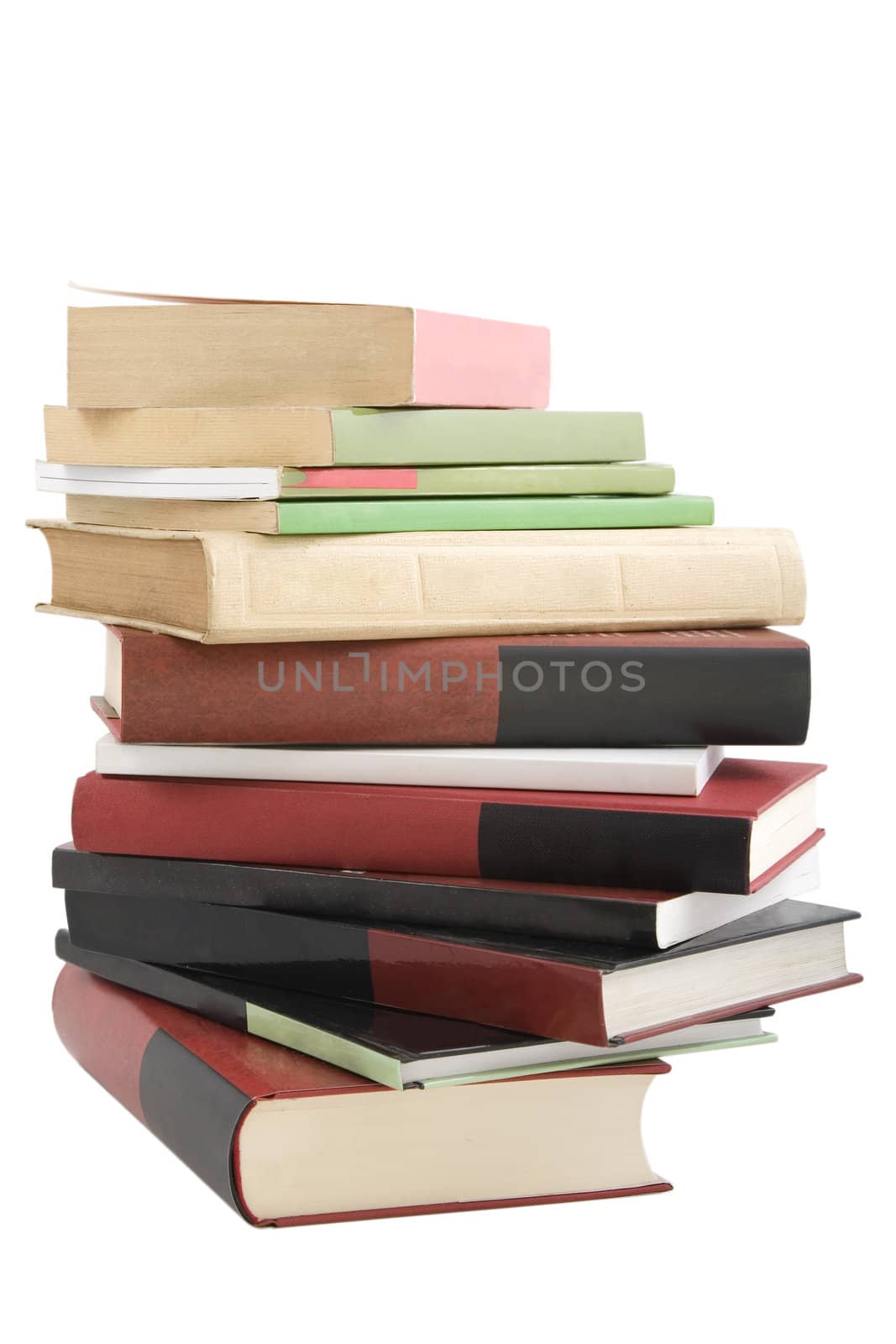 color tower books on white background arranged in stack