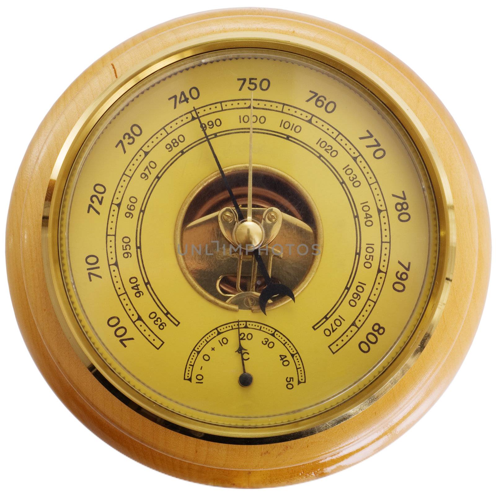 Antique wooden barometer on the white background