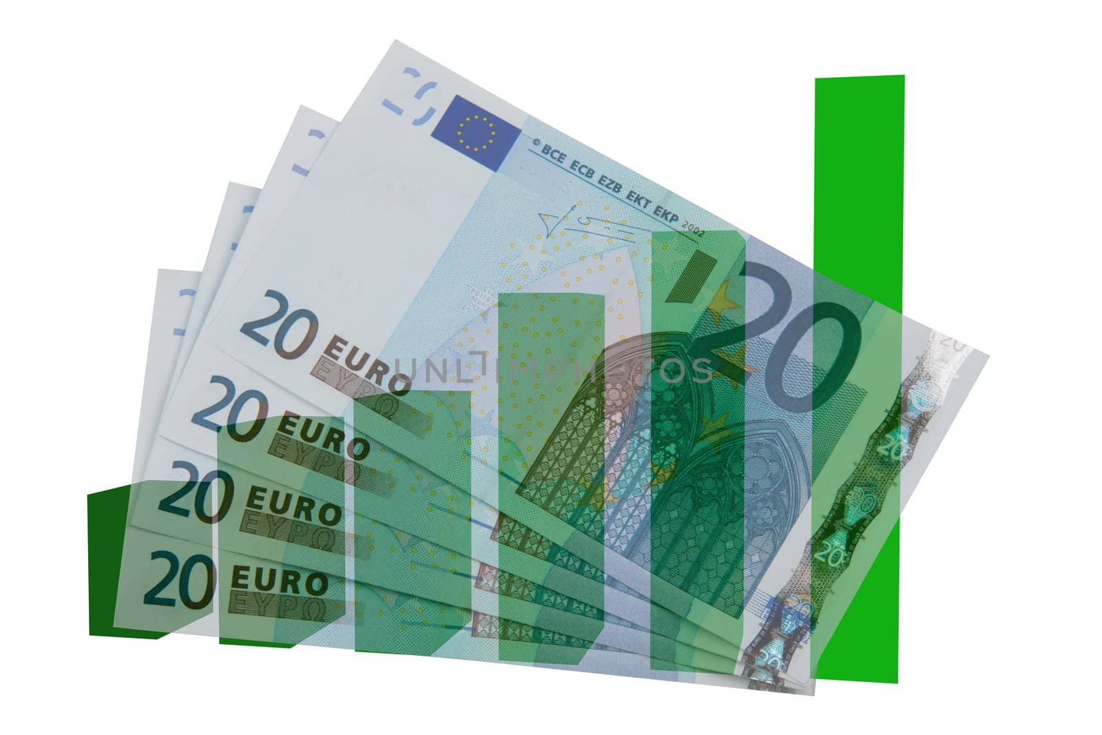 Four 20 euro bills, isolated on white, with green bars on background