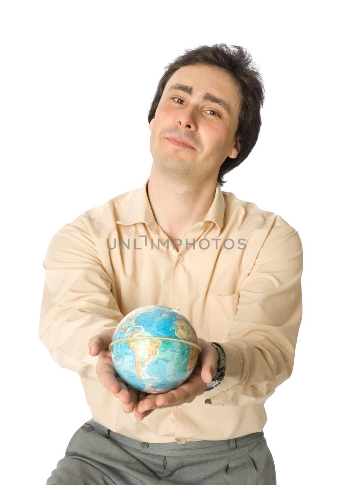 An isolated photo of a smiling man with a globe