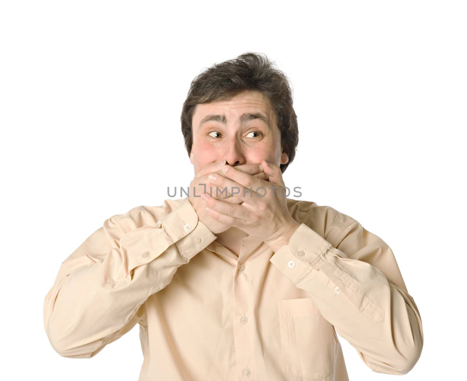 Man covering his mouth with hands, white background