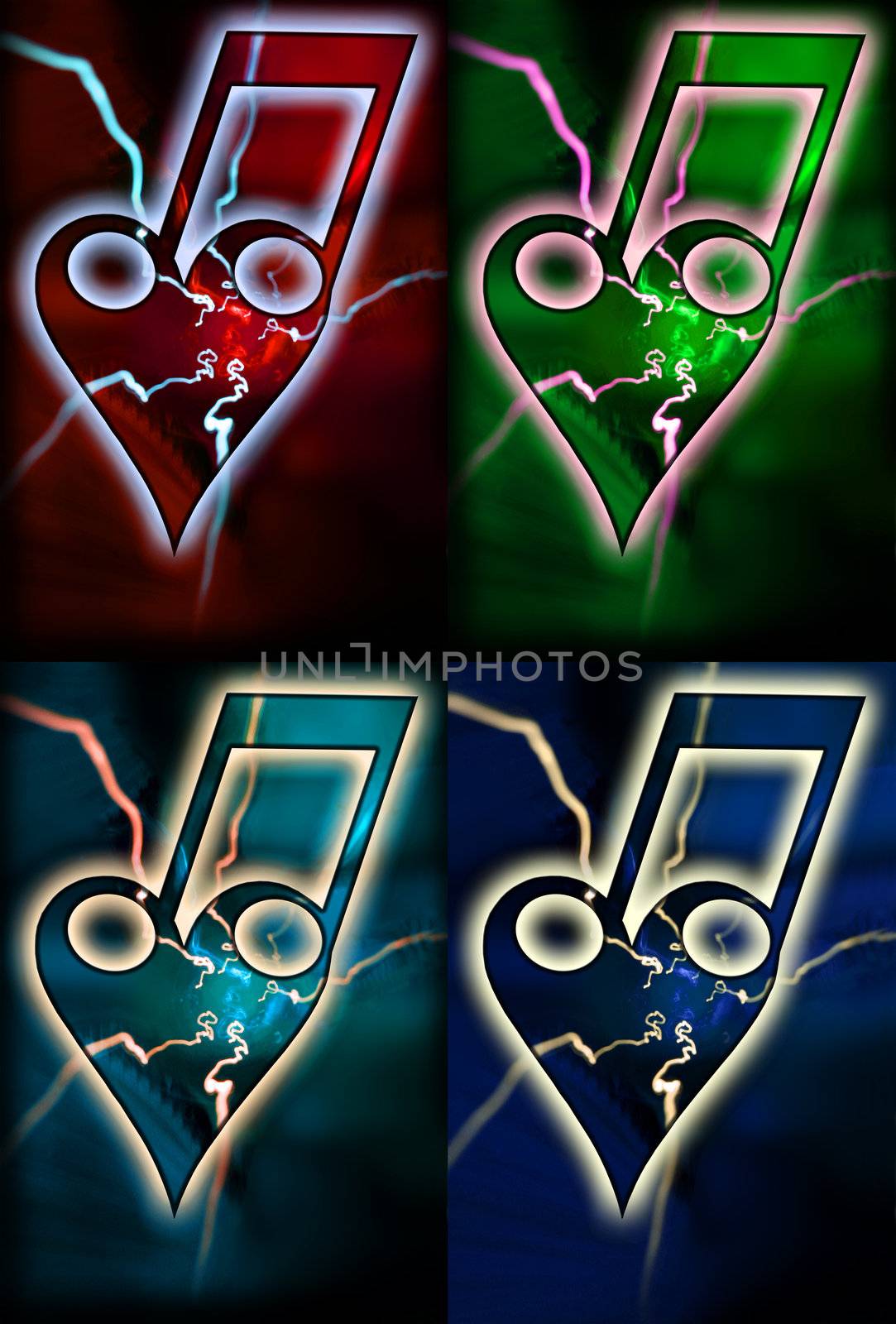 Four different colored bonds of a heart with two notes and flashes. The love of music...