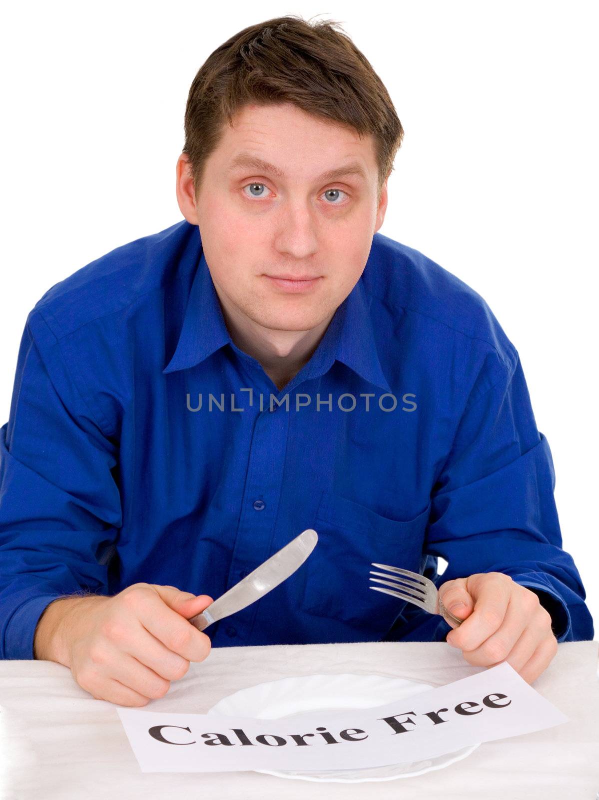 Guest of restaurant in blue shirt on a white background