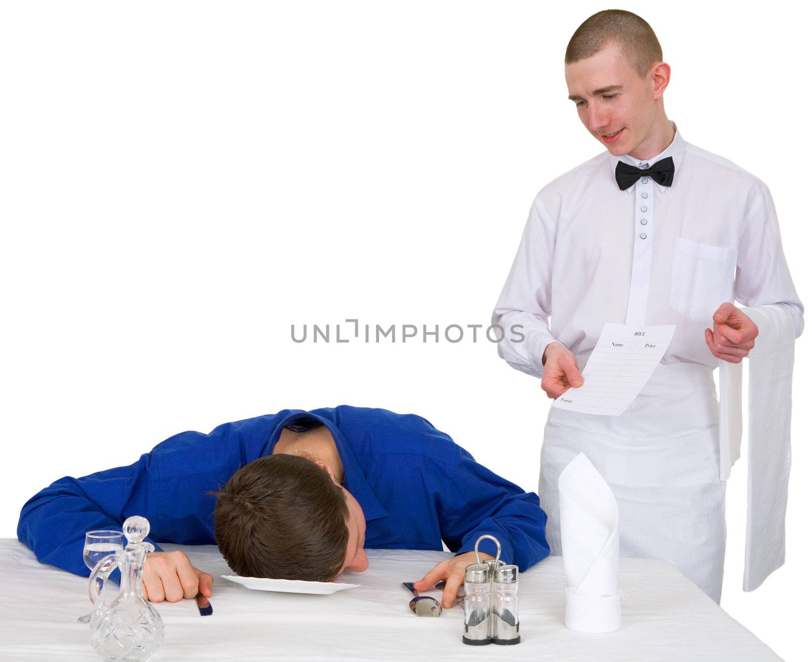 Waiter and guest of restaurant on a white background