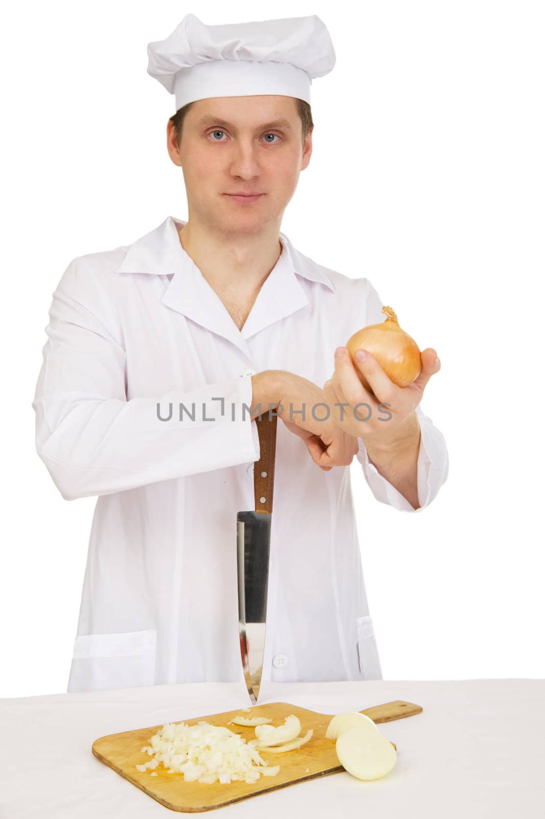 Cook in white overall with knife and preparation board on a white background