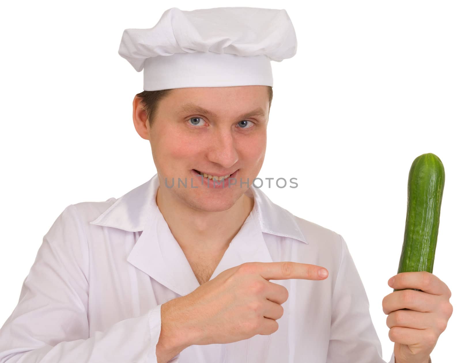 Cook in white overall with cucumber in hand a white background