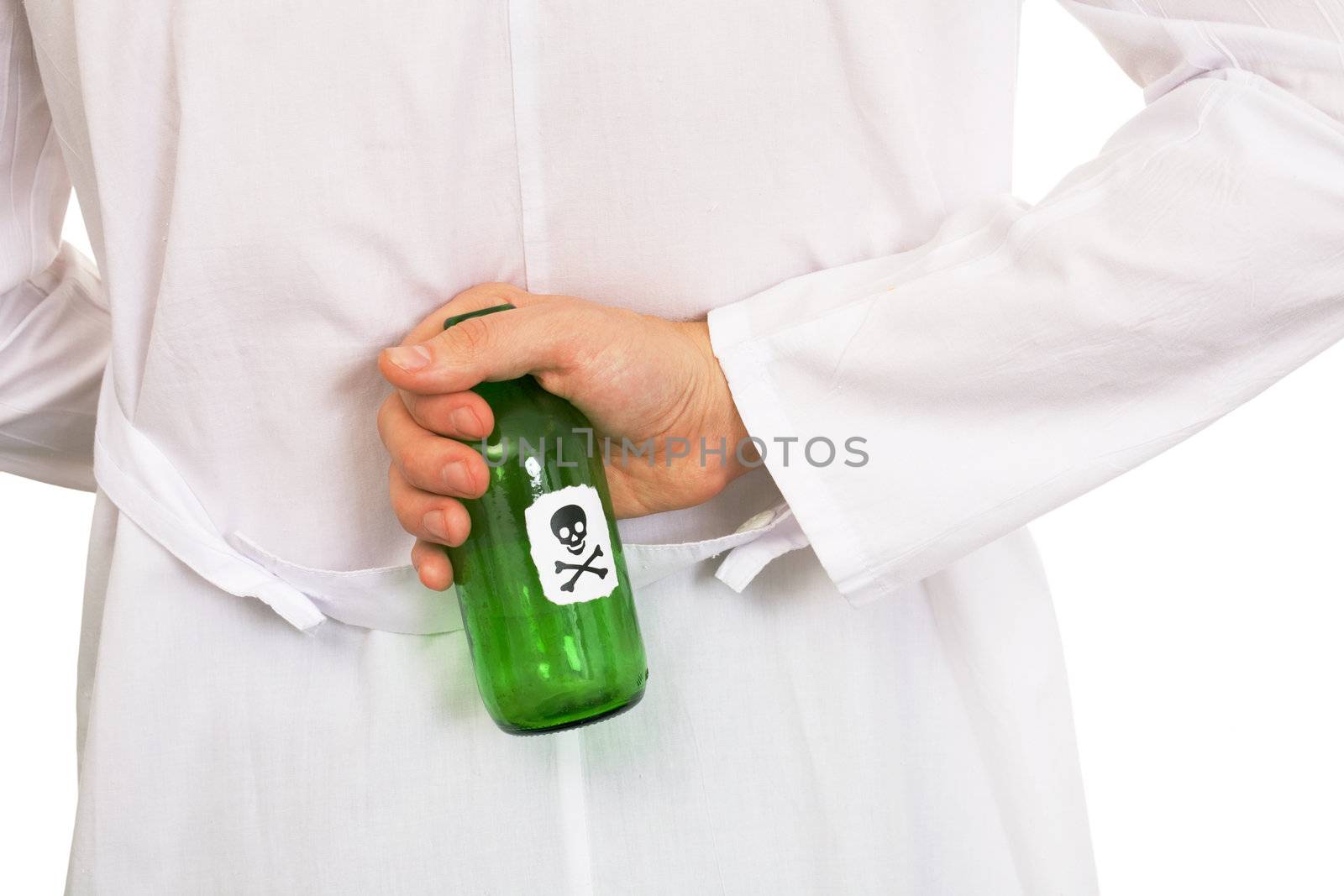 Hand in white overall with green bottle of poison on a white background