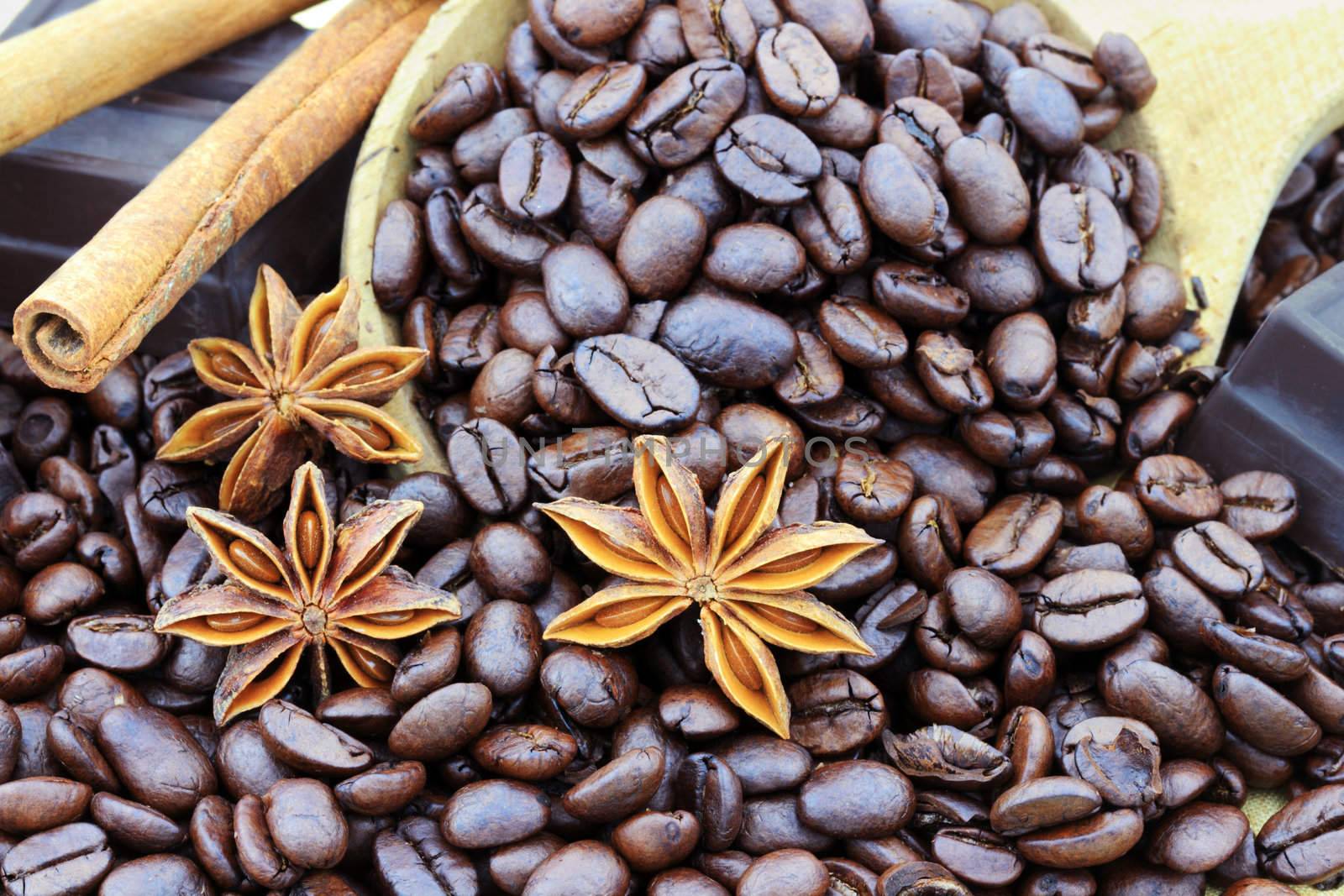 Ingredients of coffee beans, chocolate, cinnamon and anise for gourmet coffee.
