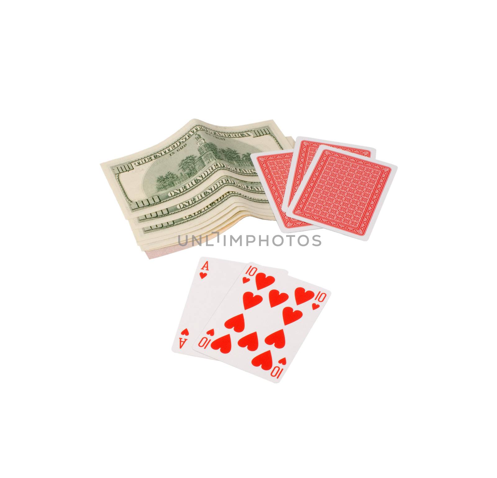 Hundred dollar denominations and a card combination �twenty one� on a white background