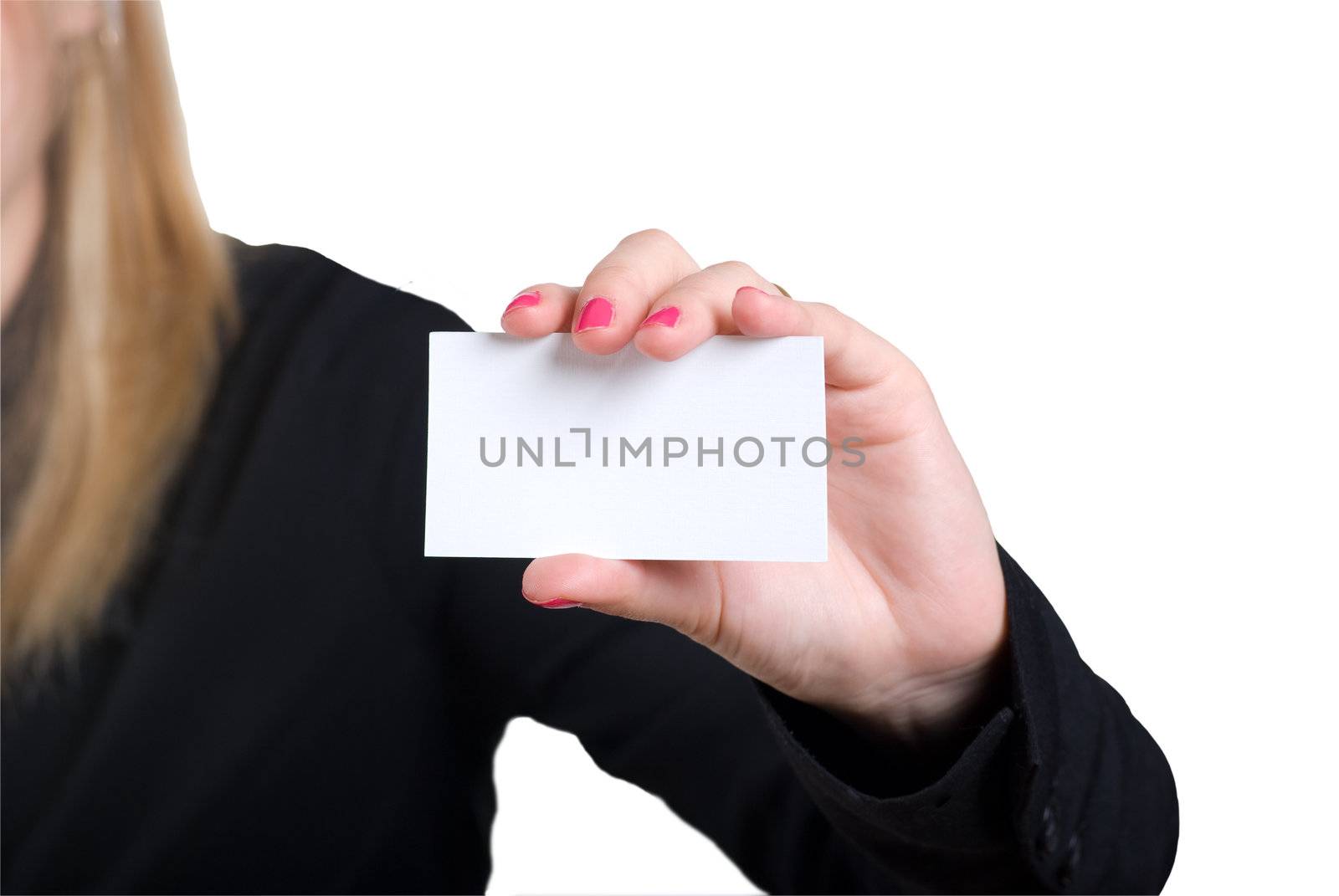 young woman showing his business card, focus on fingers and card.
