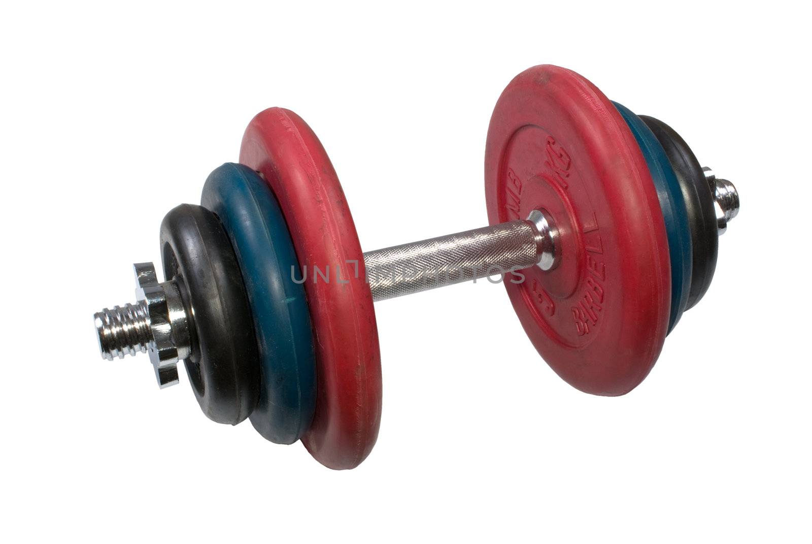 Folding dumbbell with the chromeplated handle and multi-coloured rubber disks on a white background