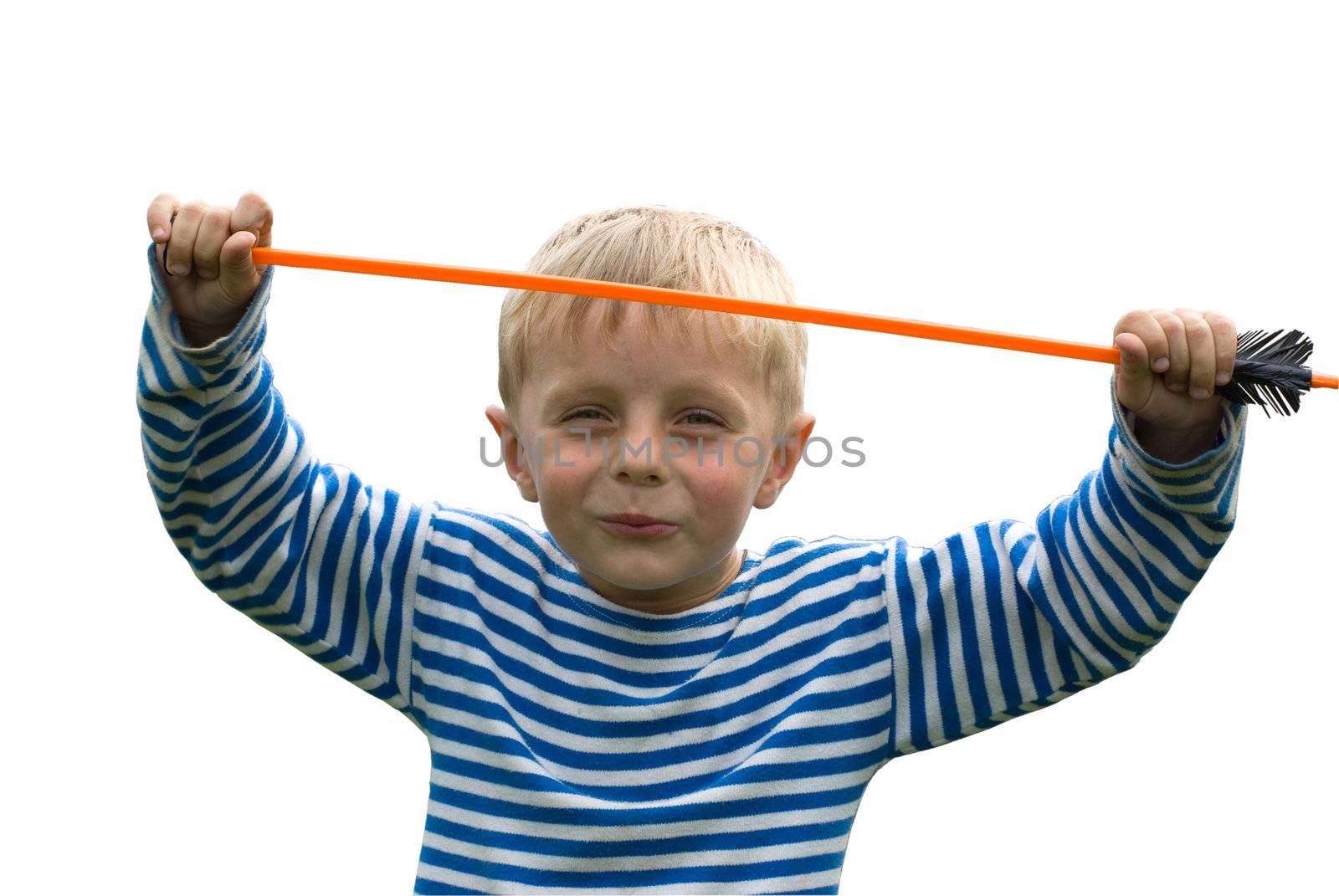 The smiling boy in a striped T-short with the hands lifted upwards in which holds a toy arrow