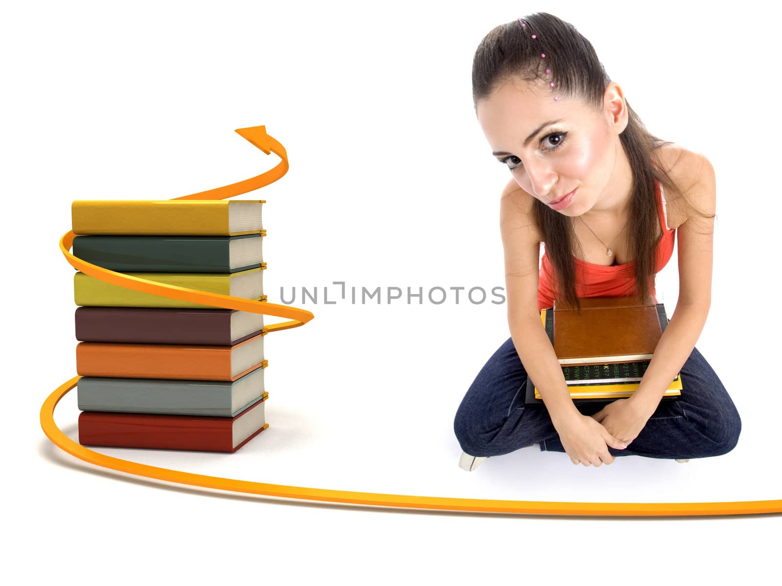 college girl holding books in her lap and looking at camera