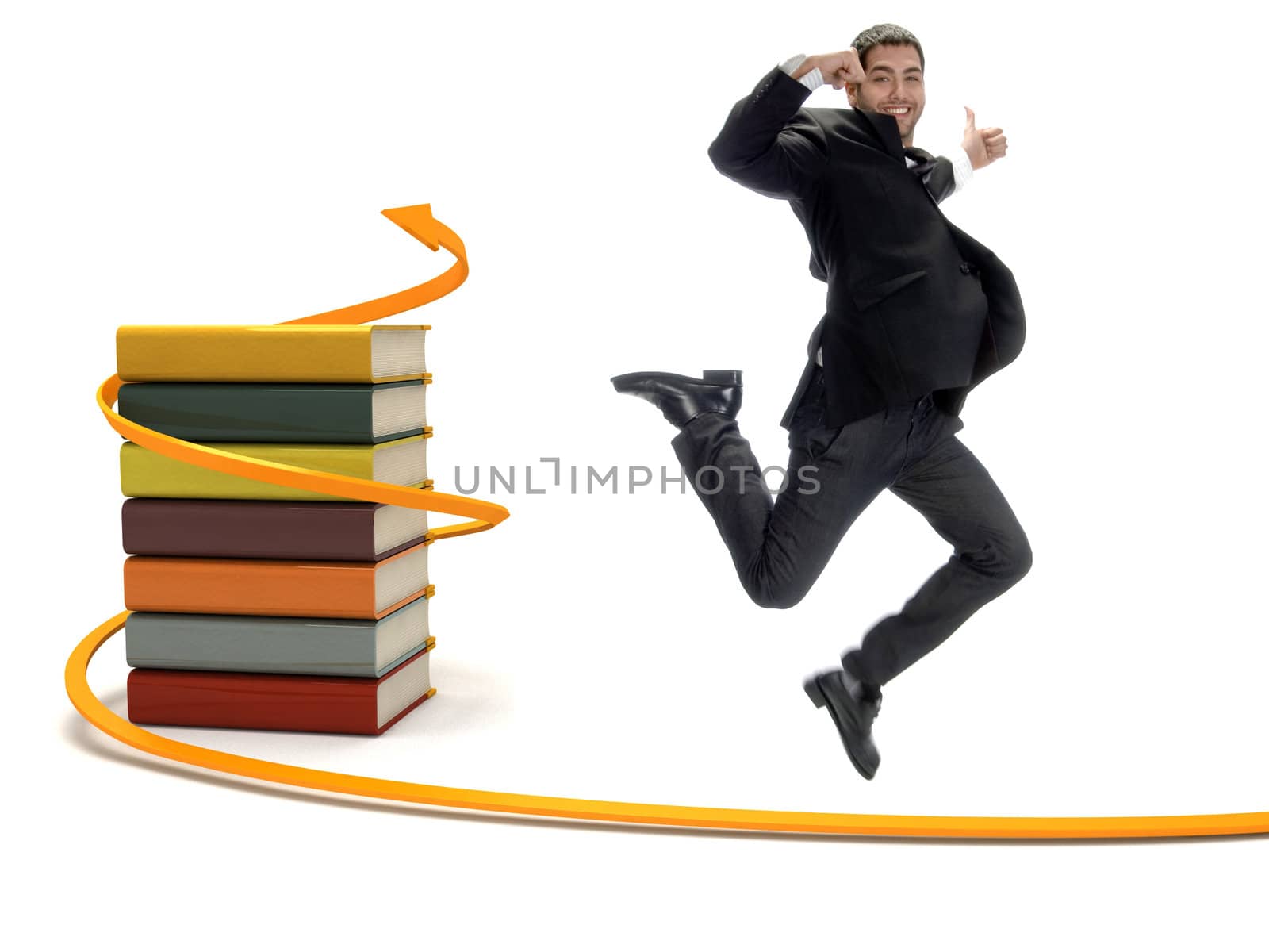 young successful student showing happiness with thumbs up and 3D wrapped books with arrow