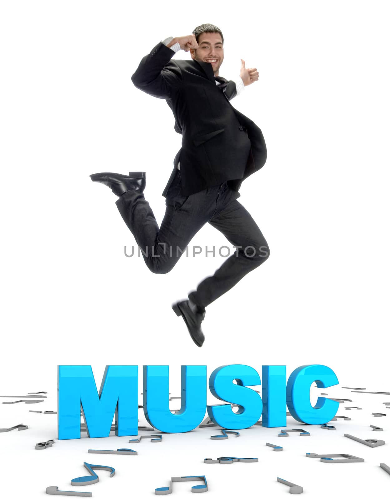 young guy jumping and showing thumbs up with musical text 