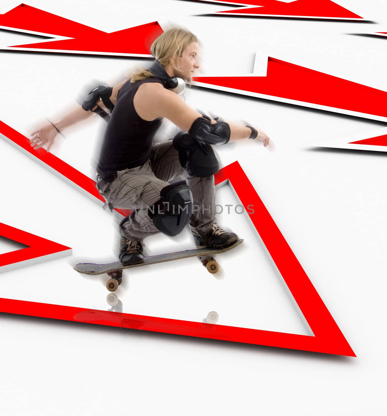 man with skateboard jumping over three dimensional arrow