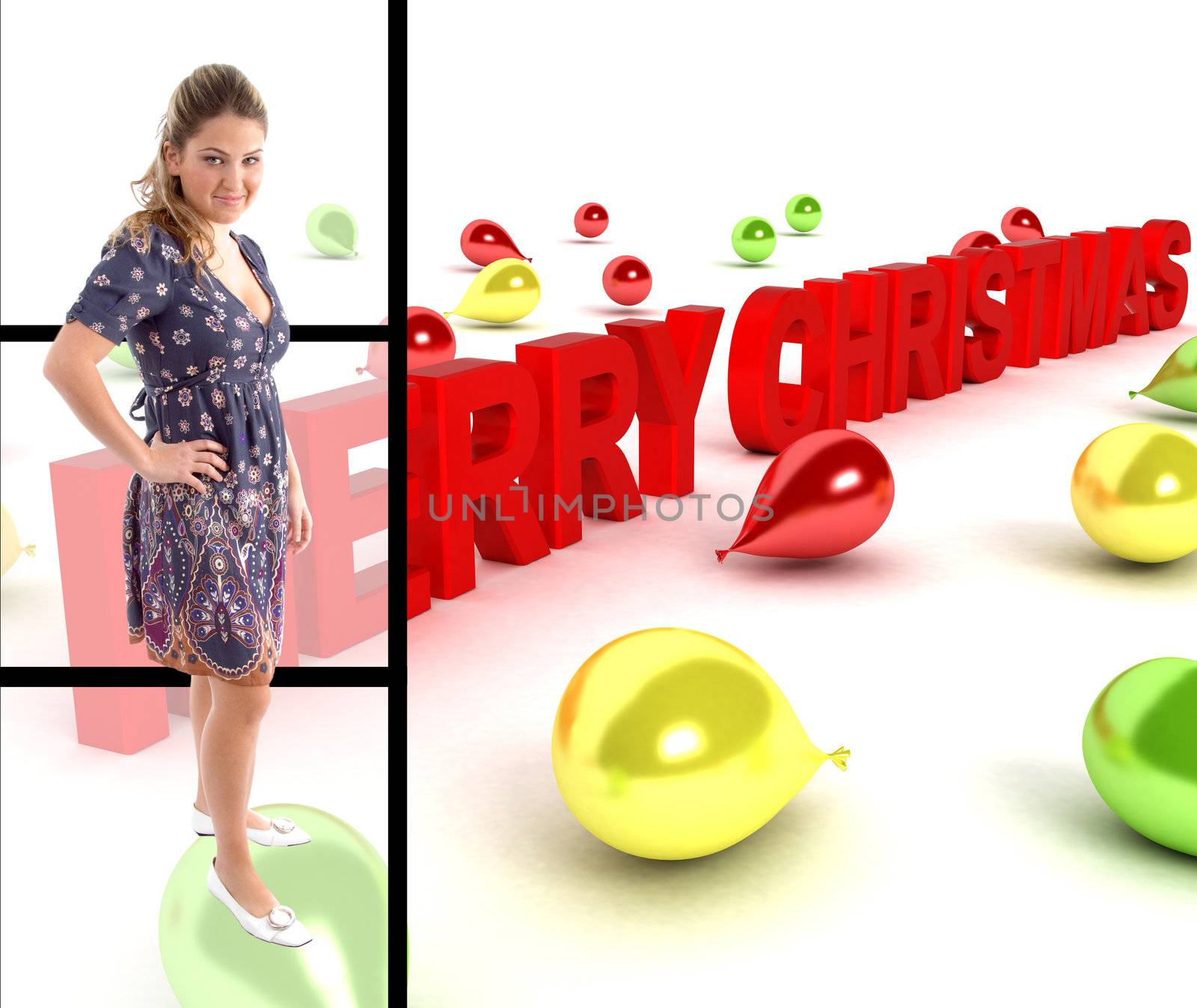 pretty woman standing with three dimensional merry christmas text