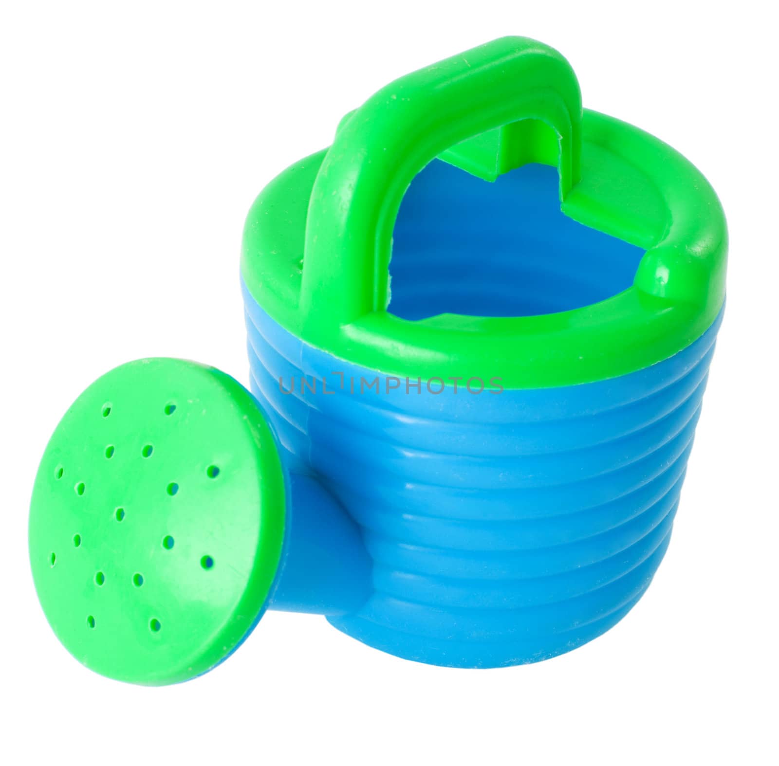 Toy plastic blue watering-can on the white background