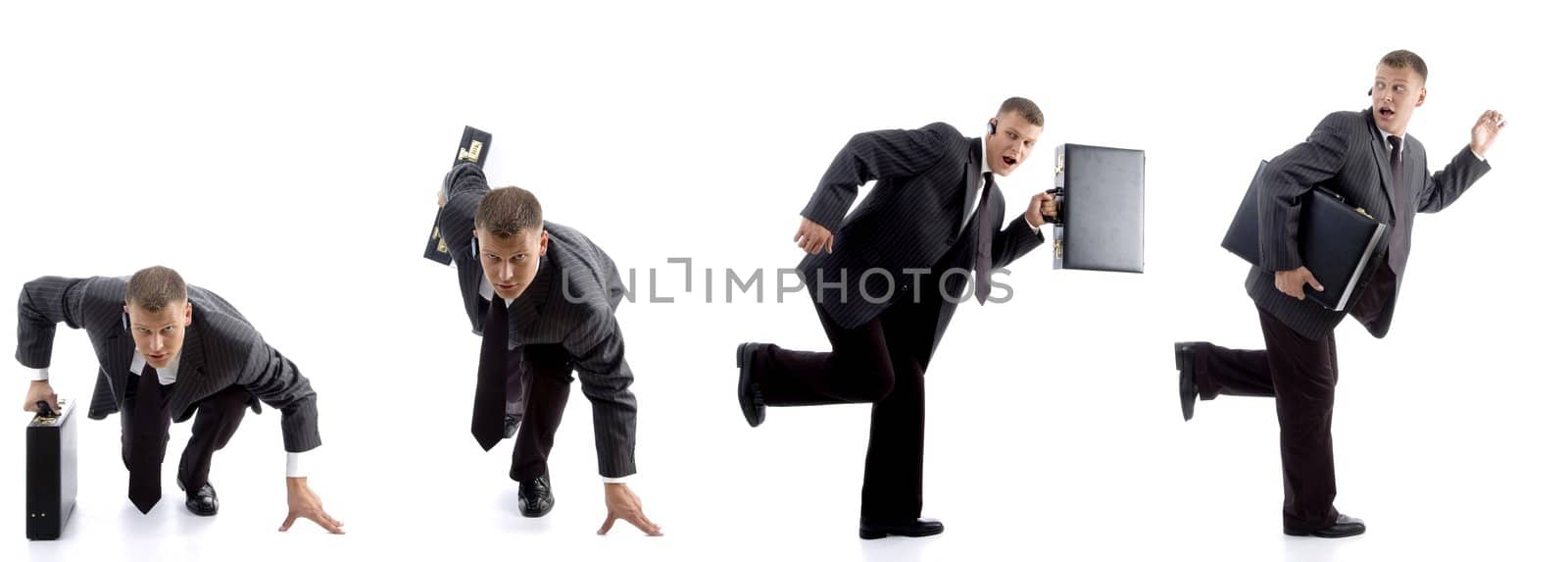 running businessman with bag against white background