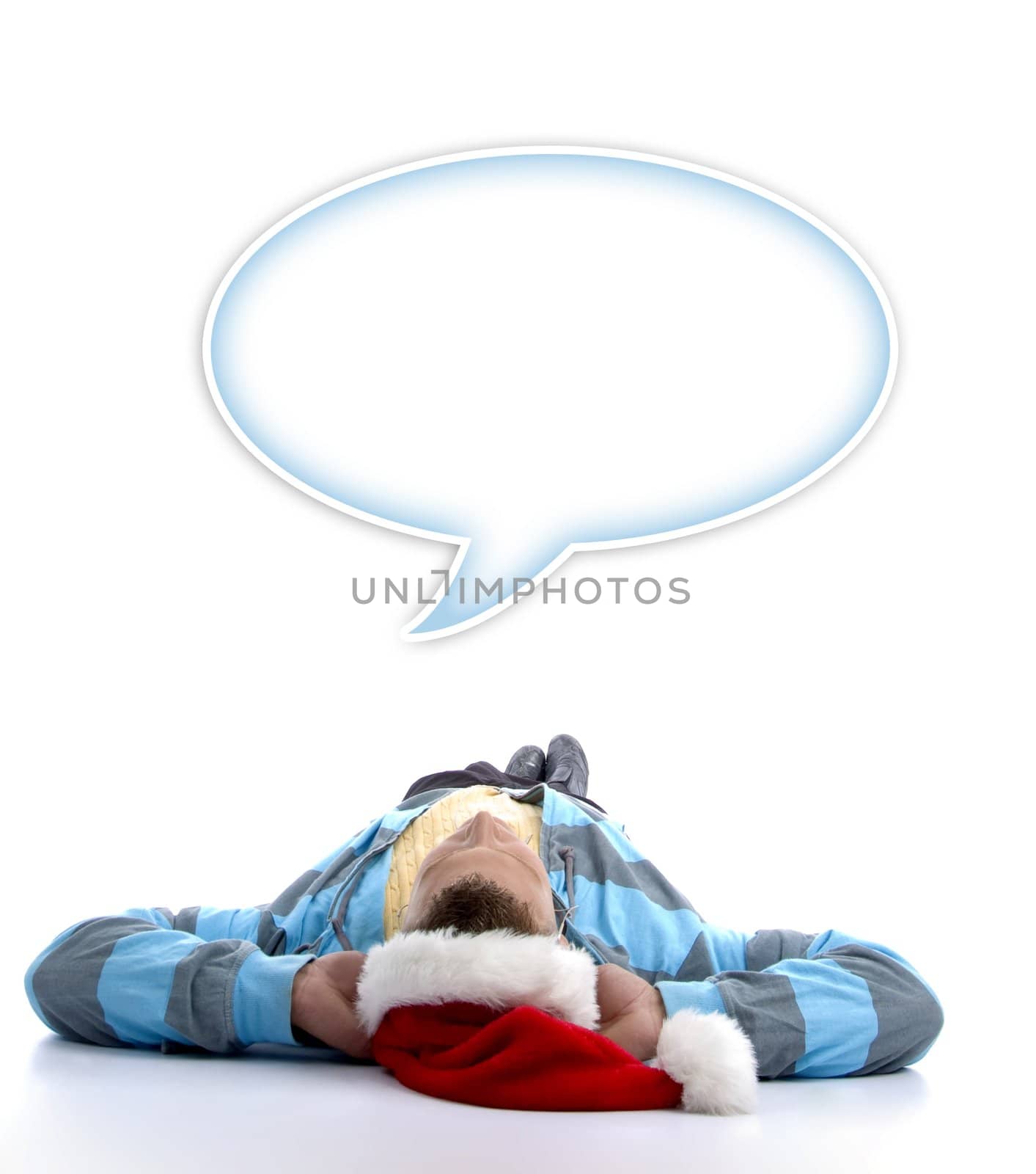 man with christmas hat watching speech bubble against white background